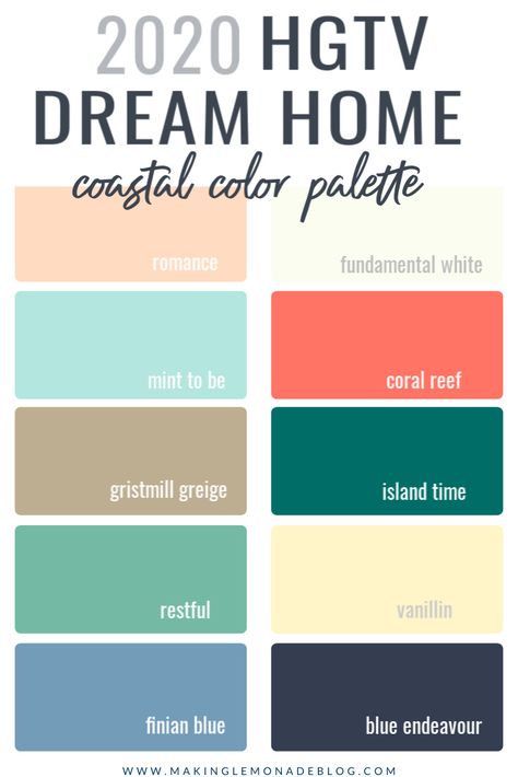 Click to check out photos of rooms painted in this soothing Coastal Paint Color Palette from the 2020 HGTV Dream Home! Beach Colors For Home, Home Interior Paint Colors, Hgtv Paint Colors, Home Paint Colors, Beach Color Palettes, Coastal Paint Colors, Coastal Paint, Beach House Colors, Hgtv Dream Homes