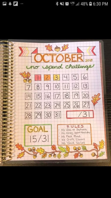 Spending Journal Ideas, October No Spend Challenge, No Spend Journal Page, No Spend Bullet Journal Layout, Bullet Journal No Spend Tracker, No Spend Bullet Journal, Bullet Journal No Spend, Adulting Journal, Adulting Planner