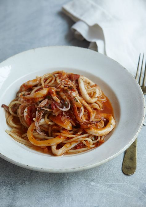 Squid Spaghetti, Squid Pasta, Boiling Pasta, Seafood Sauce, Nigella Lawson, Calamari, Just Cooking, Orzo, Fish And Seafood