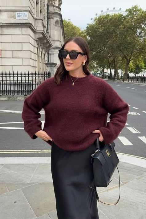 Outfit With Burgundy Sweater, Black Satin Skirt Winter, Burgundy Sweater Outfit Fall, Burgundy Black Outfit, Winter Outfits Burgundy, Burgundy Silk Skirt Outfit, Burgundy Jumper Outfit, Burgundy Satin Skirt Outfit, Burgundy Sweater Outfit Winter