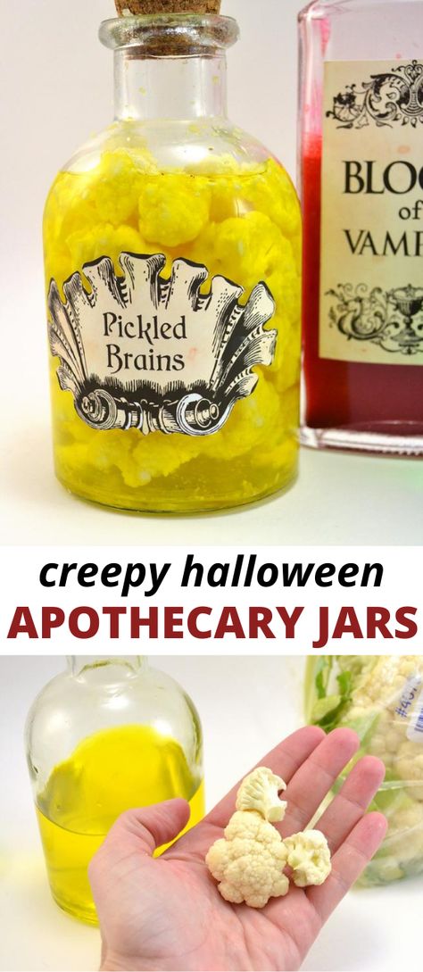 How to make Creepy Halloween Apothecary Jars like "pickled brains" and "blood of vampire" - comes with free printables! Fun craft DIY to do with kids this fall and Halloween! Spooky Jars Diy, Diy Brains Halloween, Potion Jars Diy, Halloween Jars Ideas, Halloween Mason Jar Crafts, Diy Halloween Jars, Diy Potion Bottles, Spooky Apothecary, Diy Potions