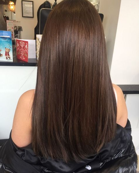 Straight Hair Brunnete, Cute Hair Colors For Straight Hair, Medium Brown Black Hair, Latte Brunette Straight Hair, No Style Haircut Long Hairstyles, Full Head Colour Brown, Brown Hair Dye On Black Hair, Pin Straight Brown Hair, Plain Brown Hair Color