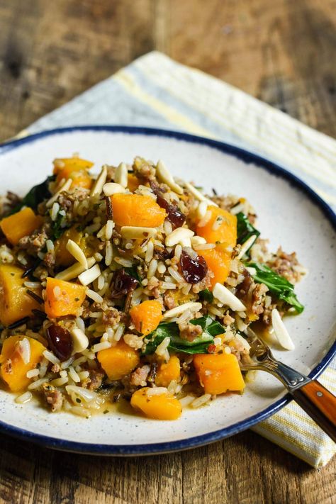 Skillet Sausage and Rice with Butternut Squash | NeighborFood Butternut Squash And Cranberries, Butternut Squash Rice, Staple Meals, Sausage And Rice, Family Meal Plan, Classic Savory, Healthy One Pot Meals, Sausage Rice, Uncle Ben