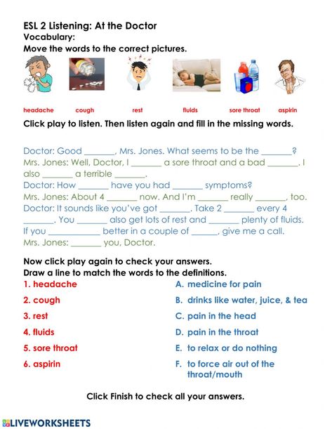 Illnesses and health problems online worksheet for high beginner. You can do the exercises online or download the worksheet as pdf. Health Vocabulary Worksheets, Health Problems Worksheet, Listening Worksheets For Kids, Medical Worksheets, English Liveworksheet, Listening Worksheet, Health Worksheets, Daily Routine Activities, At The Doctor