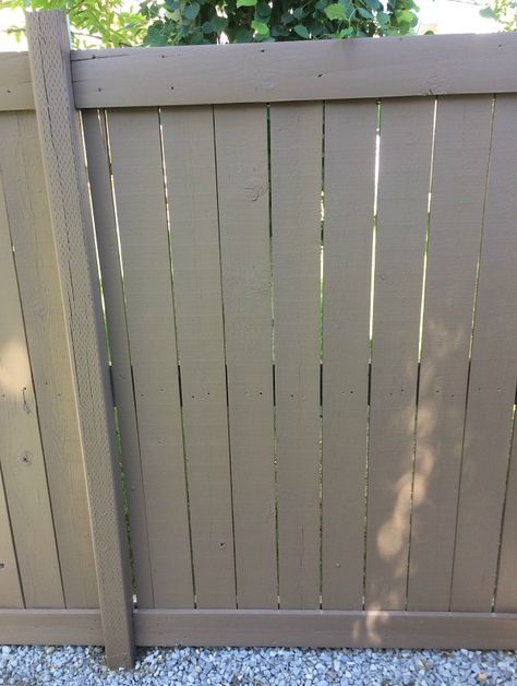 Behr Tugboat Stain on Fence - Grey-brown Fence Color - Behr Premium Solid Stain Painted Fence Colors, Behr Tugboat Stain, Brown Fence Paint, Tugboat Stain Behr, Behr Tugboat Deck Stain, Cedar Fence Stain Colors, Fence Stain Colors Ideas, Grey Fence Paint, Cedar Fence Stain