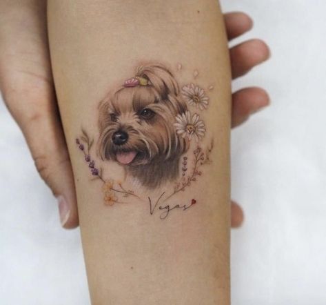 Yorkie Memorial Tattoo, Small Yorkie Tattoo, Dog Tattoo Yorkie, Dog Forearm Tattoo, Yorkie Tattoo Ideas, White Dog Tattoo, Muffin Tattoo, Yorkie Tattoo, Dog Tattoo Ideas Memorial