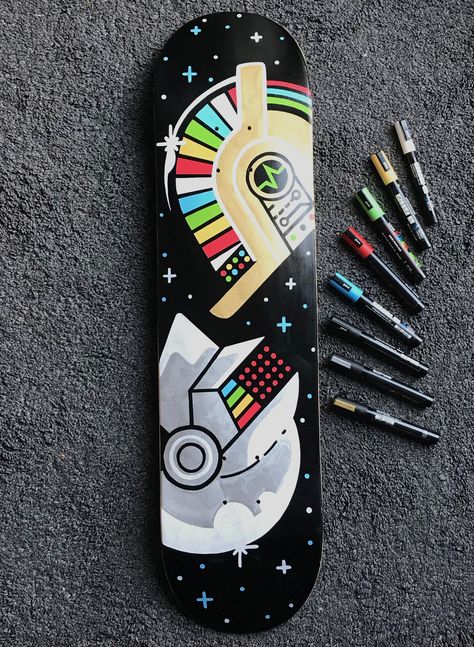 Wooden deck I've painted with Posca Pens. It's one of a serie originally made for an exposition in Barcelona. The design is inspired by the Daft Punk's iconic helmets.  #handmande #wooden #skateboard #skateboardart #skateboarddesign #posca #poscapens #characterdesign #daftpunk #looseyourselftodance Wooden Skateboard, Punk Skateboard, Skateboard Designs, Posca Markers, Nitro Circus, Longboard Design, Skateboard Deck Art, Deck Art, Skateboard Art Design