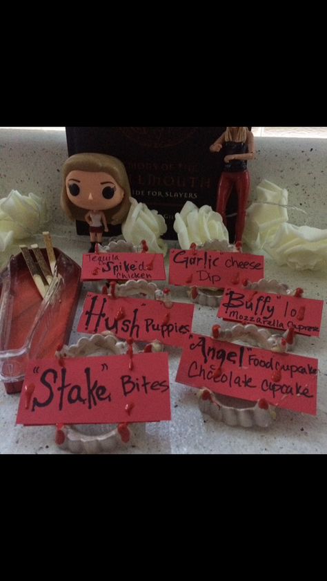 Buffy the Vampire Slayer themed food Buffy The Vampire Slayer Party Ideas, Buffy Themed Party, Buffy Birthday Party, Buffy The Vampire Slayer Party, 30th Ideas, Vampire Party, Clay Crafts For Kids, Themed Food, 24th Birthday