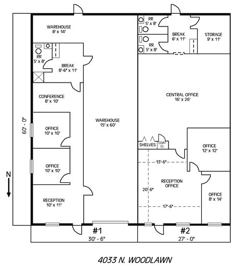 4033_N_Woodlawn_floorplan.gif (830×925) Office Layout Plan With Dimensions, Farmhouse Airbnb, Warehouse Office Space, Airbnb Office, Warehouse Plan, Office Building Plans, Office Layout Plan, Office Layouts, Floor Planning