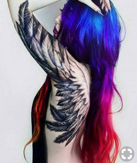 Goth Dark Angel Wings * Full Black Crow / Raven Wing * Side Tattoo * Sexy Woman’s Winged Feather Tattoo Inspiration Wing Tattoos On Back, Meaning Tattoos, Backpiece Tattoo, Tattoo Back, Angel Wings Tattoo, Wing Tattoo, Inspiration Tattoos, Geniale Tattoos, Celtic Tattoos