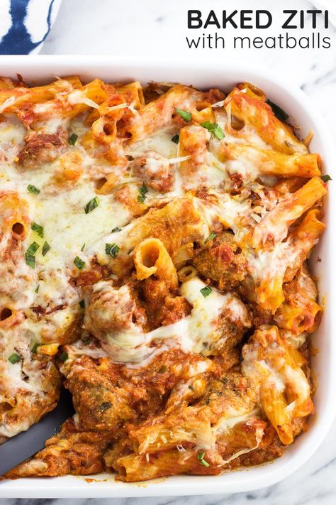 Baked Meatballs And Pasta, Easy Pasta Recipes For A Crowd, Pasta Meatball Casserole, Baked Ziti And Meatballs, Meatballs And Pasta Recipes, Meatball And Pasta Recipes, Pasta And Meatballs Recipes, Baked Pasta With Meatballs, Pasta Recipes For A Crowd