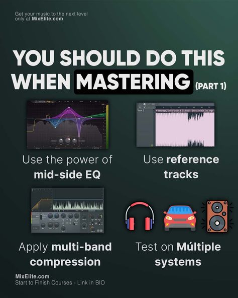 Free Mixing Crash Course 👉 MixElite.com/free-course⁠ ⁠ Today you will learn the first part on what you should do when mastering!⁠ ⁠ #MixElite#musicbusiness #flstudiomobile #studiosetup #musicmaker #djmusicproducer #flstudiogang #studiolife #mixingandmastering #beatsforsale #producingmusic #melodies #daw #hiphopbeats #firebeats #producermusic #mastering #newproducer #musicproduction #audiomixing #flstudios #trap #studiotips⁠ Producer Tips, Music Basics, Music Engineers, Audio Mastering, Audio Engineering, Music Tips, Music Mixing, Recording Studio Home, Home Studio Setup