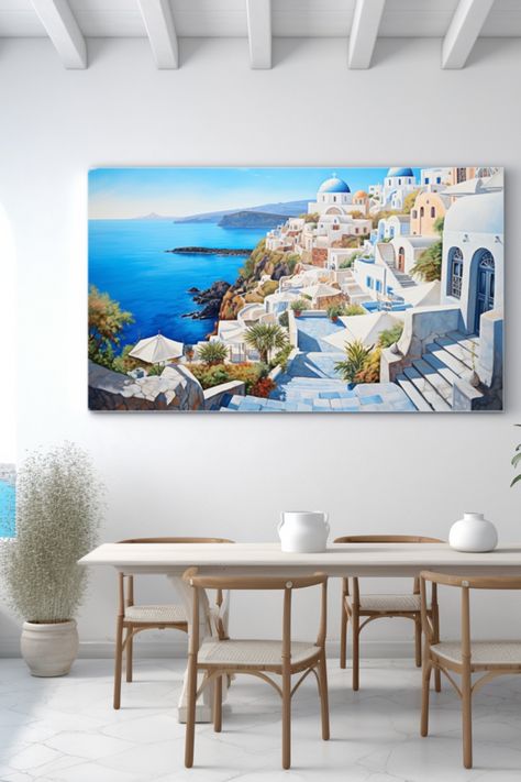 Searching for the perfect Travel Art Painting to put on your wall and elevate your home? This concept art canvas of Santorini, Greece with a gorgeous seascape in daylight captures all the elements of Oil Painting Art and Modern Canvas Art to create the perfect painting for your home wall decor! View our shop to purchase one of these amazing frames! Travel Art Painting, Santorini Greece Aesthetic, Greece Aesthetic, Greek Paintings, Greece Santorini, Modern Canvas Art, Painting Wall Art, Santorini Greece, Seascape Paintings