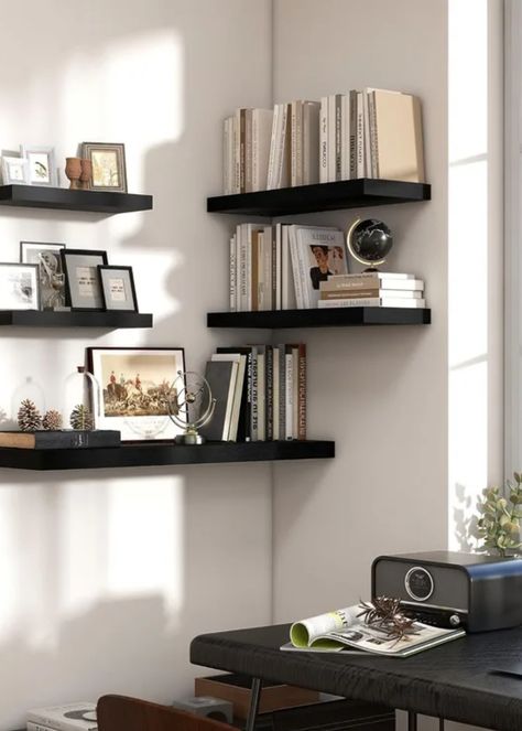 Floating Shelves for Wall Shelf Inspiration, Black Floating Shelves, Floating Shelf Decor, Shelves For Wall, Wall Mounted Bookshelves, Floating Bookshelves, Shelving Solutions, Wood Decoration, Rustic Floating Shelves