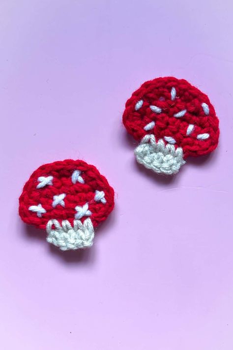 Crochet Mushroom Applique Pattern - thecaffeinatedsnail.com Crochet Patches Applique, Mushroom Applique Pattern, Crochet Mushroom Applique, Mushroom Applique, Crochet Applique Patterns Free, Fall Crochet, Fall Crochet Patterns, Crochet Fruit, Crochet Mushroom