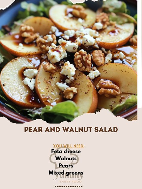 Refresh yourself with our Pear and Walnut Salad! A delightful blend of fresh pears, walnuts, and greens—perfectly healthy! 🍐🥗 #HealthySalad Pear and Walnut Salad Ingredients: Mixed greens (4 cups) Pears (2, sliced) Walnuts (�½ cup, toasted) Feta cheese (¼ cup, crumbled) Olive oil (3 tbsp) Balsamic vinegar (2 tbsp) Honey (1 tbsp) Salt (¼ tsp) Pepper (¼ tsp) Instructions: In a large bowl, combine mixed greens, sliced pears, walnuts, and feta cheese. In a small bowl, whisk together olive oil,... Pear Salad With Walnuts And Feta, Walnut Feta Salad, Pear And Walnut Salad, Pear Walnut Salad, Cozy Fall Recipes, Sliced Pears, Fresh Salad Recipes, Pear Salad, Fresh Salad