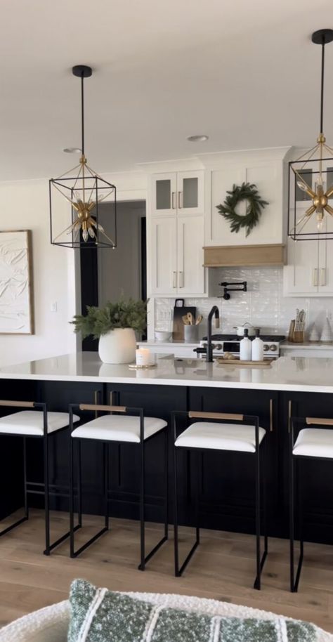 Two toned kitchen cabinets are a gorgeous design trend and we're sharing 17 of our favorite kitchens for inspiration! Brown To White Cabinets Before And After, Contrast Island Kitchen Cabinet Colors, White And Dark Grey Kitchen Cabinets, Single Line Kitchen Design, Caviar Kitchen Cabinets, Black Kitchen Island Butcher Block, Neutral Black Kitchen, Tri Tone Kitchen, Two Toned Kitchen Island