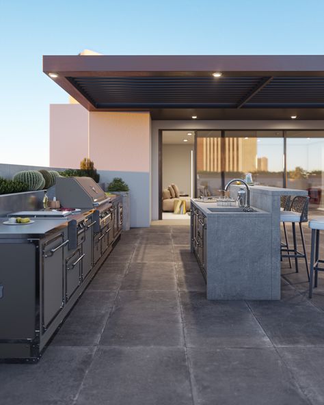 Fancy Outdoor Kitchen, Ultimate Outdoor Kitchen, Modern Barbecue Design Outdoor Spaces, Galley Outdoor Kitchen, Outdoor Open Kitchen, Open Kitchen Outdoor, Summer Kitchen Outdoor, Open Air Kitchen, Rooftop Kitchen