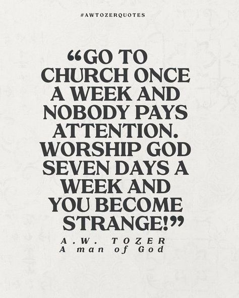 A.W. TOZER on Instagram: "Tag the strange Christians. #awtozer #awtozerquotes #tozer #tozerquotes #worship #worshipper #worshippers #praise #jesus #holyspirit #god #love #bible #biblejournaling #bibletruth #strange" Tozer Quotes A.w., Aw Tozer Quotes, Tozer Quotes, Aw Tozer, A W Tozer, Praise Jesus, Love Bible, Bible Stuff, God Love