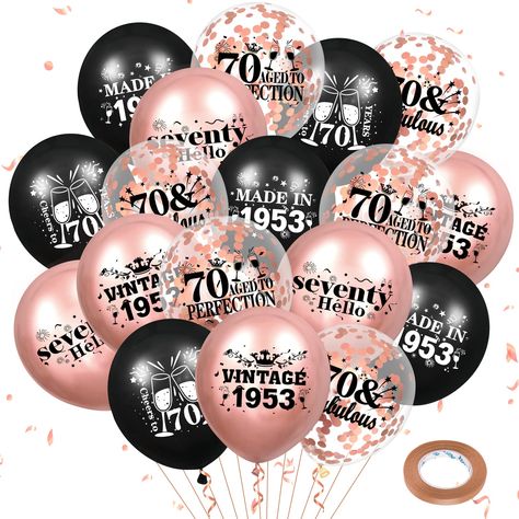 PRICES MAY VARY. Vintage 1953 Rose Gold and Black Balloons: 18 count 12 inch latex balloons with confetti design for 70th birthday party decorations Durable Material: Made of premium latex that can be filled with air, helium or water and does not break easily Wide Application: Can be used indoors or outdoors to decorate shelves, fences, trees or garage doors Includes: 6 rose gold balloons with 1953 text, 6 confetti balloons with 70 & Fabulous text, 6 black balloons with Made in 1953 text Easy to Birthday Party Decorations For Women, Anniversary Party, Birthday Balloons, Birthday Anniversary, Birthday Party Decorations, Confetti, Party Decorations, Balloons, Birthday Party