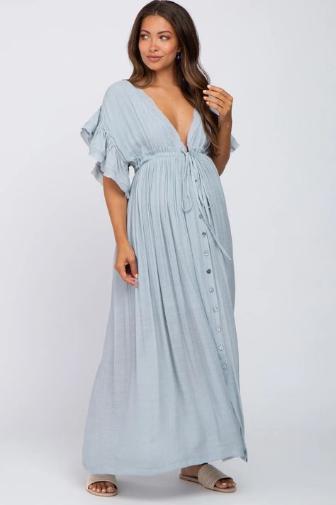 Boho Maternity Dress | Boho Blue Maternity Dress for a maternity photo session. This PinkBlush materitny dress would be amazing! Light Blue Deep V-Neck Button Down Maternity Maxi Dress This is an affiliate link or sponsored product. Light Blue Maternity Dress, Blue Baby Shower Dress, Maternity Photo Dresses, Maternity Photo Dress, Blue Flowy Dress, Boho Maternity Dress, Blue Maternity Dress, Maternity Dresses For Baby Shower, Boho Maternity