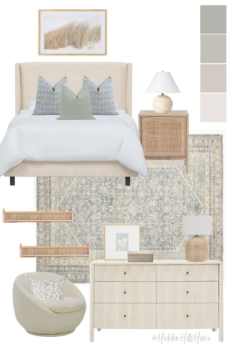 Cute girls coastal bedroom decor with a cream upholstered bed paired with blue and green beach tones! Girls Bedroom Green, Tilly Upholstered Bed, Decor Mood Board, Coastal Bedroom Decor, Teen Girls Bedroom, Sage Bedroom, Costal Bedroom, Modern Coastal Bedroom, Coastal Bedroom Decorating