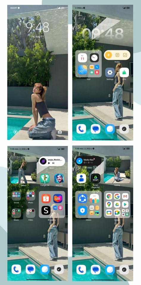 (MIUI),(Xiaomi Home Screen Set up Idea),(Blackpink Lisa,(Mint Green) Iphone Style Home Screen, Phone Home Screen Ideas Android, Xiaomi Homescreen Ideas, Android Home Screen Ideas, Samsung Home Screen Ideas, Blackpink Lisa Aesthetic, Organize Phone Apps, Lisa Aesthetic, Samsung Home