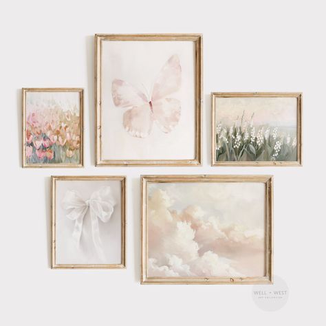 This is our gallery set of five vintage inspired paintings featuring a bow, sunset clouds, flowers, and butterflies in delicate shades of blush pink, white, cream, green, and gold. This artwork is the perfect for spring or in a nursery and is immediately accessible for download and print after purchase. INCLUDED: 1 PDF file containing high resolution JPG photos at 300 DPI. The downloads are available in 7 aspect ratios that can be printed in the following sizes *FILE 1 (2:3 Ratio)   IN: 4x6, 6x9 Wildflower Butterfly Nursery, Nursery Name Wall Decor, Coquette Wall Art, Nursery Gallery Wall, Blush Nursery, Wildflower Field, Sunset Clouds, Flower Nursery, Pink Nursery