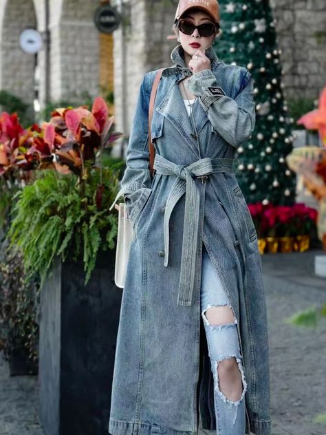 Autumn And Spring Denim Long Coat Woman Luxury Women's Coats Women's Coats Jackets Trench Coat Female Traf Women's Trench Coat - AliExpress 200000345 Women's Trench Coat, Moda Denim, Spring Denim, Denim Trench Coat, Flared Sleeves Top, Long Coat Women, Vintage Windbreaker, Estilo Chic, Trench Coats Women