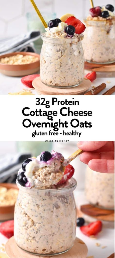 Cottage Cheese Protein Breakfast, High Protein Breakfast Using Cottage Cheese, Cottage Cheese Meal Recipes, Protein Overnight Oats Cottage Cheese, Cottage Cheese Overnight Oatmeal, Egg Powder Recipes, Overnight High Protein Breakfast, Over Night Oats High Protein, Cottage Cheese And Chia Seeds