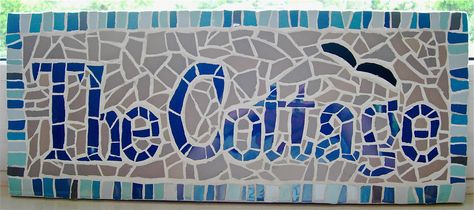 A mosaic sign in Cornwall. Mosaic Signs Ideas, Mosaic Monogram, Mosaic Text, Mosaic Tile Address, Mosaic Name Signs, Mosaic Stairs, House Name Plaques, House Name Signs, House Names