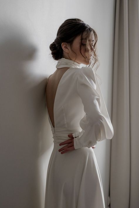 Midi Silk Wedding Dress Elegant Gown With Open Back Deep | Etsy Canada Wedding Dress For Dancing, Dress For Dancing, Wedding Dress Silk, Wedding Dress Long Sleeves, Sleeves With Cuffs, Wedding Dress Open Back, Midi Wedding Dress, Open Back Wedding, Open Back Wedding Dress