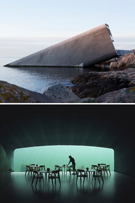 Under Restaurant Norway, Underwater Architecture, Sea Restaurant, Restaurant Building, Water Hotel, Underwater Restaurant, Water Architecture, Scandinavian Architecture, Restaurant Concept