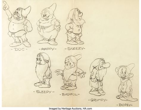 Snow White and The Seven Dwarfs - Doc & Happy & Sneezy & Sleepy & Bashful & Grumpy & Dopey Snow White And The Seven Dwarfs Tattoo, Seven Dwarfs Tattoo, Disney Art Sketches, Snow White Drawing, Snow White Tattoos, Snow White Characters, Basement Door, Snow White Dwarfs, Disney Art Style