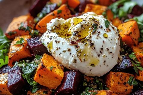 Try this Sweet Potato, Roasted Beets, and Carrots Salad with Burrata! A healthy, flavorful dish with a simple homemade dressing. Beet Sweet Potato Recipe, Roasted Beet Carrot Burrata, Sweet Potato Burrata Salad, Roasted Vegetables With Burrata, Sweet Potato Beets Roasted, Sweet Potato And Beetroot Salad, Beet Sweet Potato Salad, Thanksgiving Beets Recipes, Sweet Potato Beet Salad