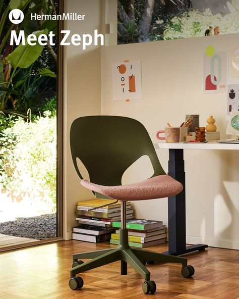 Experience the new ergonomic Zeph Chair. Comfy Office Chair Mid Century, Green Mid Century Office Chair, Funky Desks, Embody Chair, Sayl Chair, Cool Desk Chairs, Ergonomic Desk Chair Herman Miller, Sayl Chair Herman Miller, Standing Desk Chair