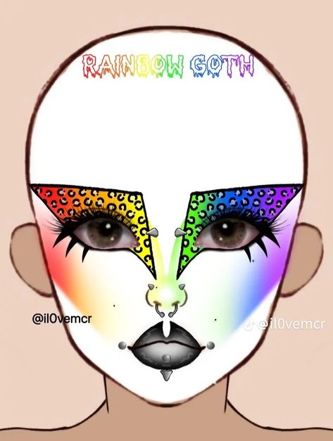 Pride Gothic Makeup, Alt Pride Makeup, Colourful Goth Makeup, Rainbow Goth Makeup, Goth Pride Makeup, Goth Drag Makeup, Pastel Goth Makeup, Funky Makeup, Makeup Drawing