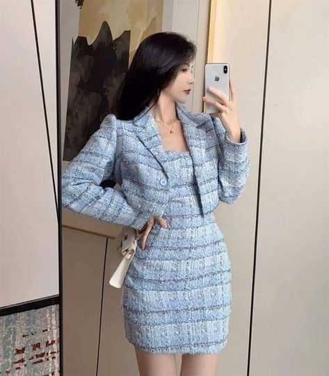 Tweed Fashion, Coord Set, Elegant Dresses Classy, Dress And Jacket, Fancy Dress Design, Korean Girl Fashion, Classy Casual Outfits, Trendy Fashion Outfits, Elegant Dresses For Women