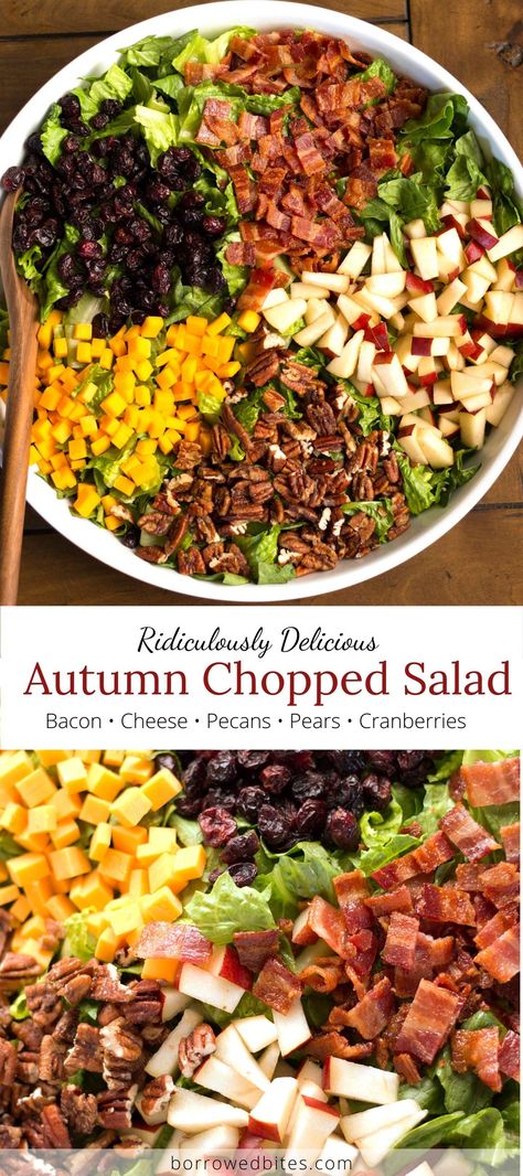 Succulent pears, salty bacon, tart cranberries, sharp cheese, and crunchy pecans with a sweet balsamic dressing on a bed of romaine. If you are looking for a special salad to wow your guests this Autumn Chopped Salad is it! Side Salad For Thanksgiving, Savory Salad Recipes, Baby Shower Salad Ideas, Easy Tossed Salad, Best Side Salad, Autumn Chopped Salad, Special Salad, Bacon Tart, Creative Salads