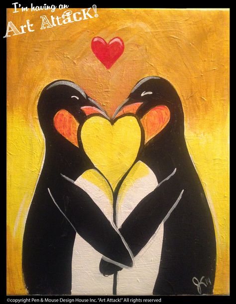 "Penguins in love" canvas "I'm Having an Art Attack!" social painting parties. Original artwork by Julie Kukreja. www.artattackpaintparty.com In Love Painting, Social Painting, Penguins In Love, Holiday Paintings, In Love Art, Paintings Animals, Couples Canvas Painting, Easy Painting Projects, Canvas Painting Quotes