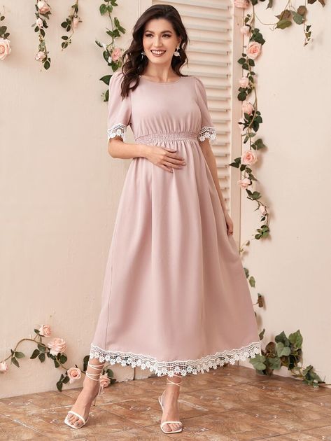 Maternity Contrast Guipure Lace Trim Shirred Waist Dress | SHEIN USA Latest Maternity Dresses, Shirred Waist Dress, Shein Maternity, Maternity Gowns, Guipure Lace, Shein Style, Waist Dress, Maternity Dresses, Dress P