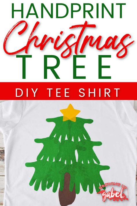 Use your kids' handprints and footprint to make a cute easy DIY Christmas shirt. Handprint Tshirt Ideas, Diy Christmas T-shirt, Diy Grinch Shirts For Kids, Diy Christmas Shirts For Kids, Diy Christmas Shirt, Twos Classroom, Christmas Tree Handprint, Tree Handprint, Diy Xmas Tree