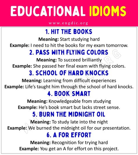 Educational Idioms School Idioms, Good Idioms, Exam Tomorrow, Idioms In English, Hit The Books Idiom, Teaching Idioms, Expanding Vocabulary, Book Meaning, Idioms With Meanings And Example