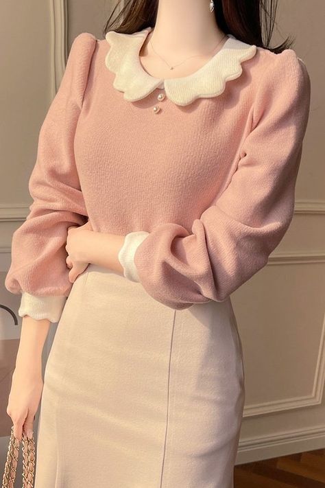 Korean Style Korean Fashion Spring Outfit Ideas Women’s Knitwear Knitwear Sweaters Korean Knitwear Outfit, Clothes Cupboard, Korean Clothing Brands, Organza Fashion, Knitwear Sweaters, Korean Sweater, Detail Couture, Vintage Blouses, Kurti Dress