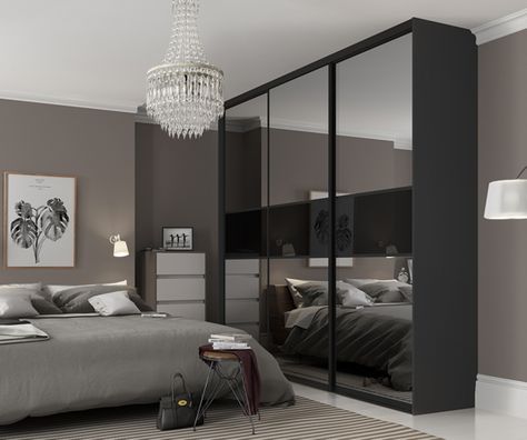 Sliding Wardrobe Gallery | Contour Range | Sliding Wardrobe World Spacepro Sliding Doors, Black Mirrored Wardrobe, Black Frame Mirror, Mirror Sliding Door, Mirrored Wardrobe Doors, Mirror Sliding, Mirror Wardrobe, Bedroom Built In Wardrobe, Armoire Dressing