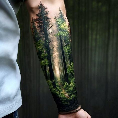 Green Forest Tattoo, Forrest Tattoo Forearm Men, Forest Path Tattoo, Tree Sleeve Tattoo Women, Forest Fire Tattoo, Forest Arm Tattoo, Outdoor Tattoos For Men, Woodland Tattoo Sleeve, Joey Tattoo