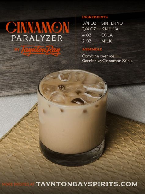 🍹✨ Indulge in the sensational CINNAMON PARALYZER by Taynton Bay, featuring the rich essence of Sinfero! 🌟 Perfectly balanced with Sinfero, Kahlua, cola, and a creamy touch of milk, this concoction is a taste bud symphony! 🥂✨ 🌈✨ 𝗜𝗻𝗴𝗿𝗲𝗱𝗶𝗲𝗻𝘁𝘀: 3/4 oz Sinfero 3/4 oz Kahlua 4 oz Cola 2 oz Milk 👩��‍🍳✨ 𝗛𝗼𝘄 𝘁𝗼 𝗠𝗮𝗸𝗲 𝗜𝘁: Combine all ingredients in a glass over ice. Stir gently to blend the flavors into a luscious Cinnamon Paralyzer! #CinnamonParalyzer #TayntonBayDelight Paralyzer Drink, Paralyzer Drink Recipe, Paralyzer, Fall Cocktails Recipes, Fall Cocktail, Fall Cocktails, Drink Recipe, Cocktail Recipe, Taste Buds