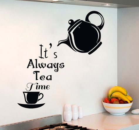 Tea Time Quotes, Simple Wall Paintings, Kids Bedroom Art, Tile Adhesive, Kitchen Wall Decals, Diy Wall Painting, Black And White Coffee, Kitchen Black, Wall Painting Decor