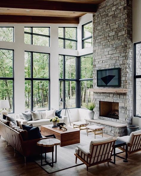 Modern Lake House Living Room, Lake House Living Room, Cabin Living Room, Modern Lake House, Modern Farmhouse Living, Sala Grande, Interior Design Rustic, Cabin Living, Modern Farmhouse Living Room