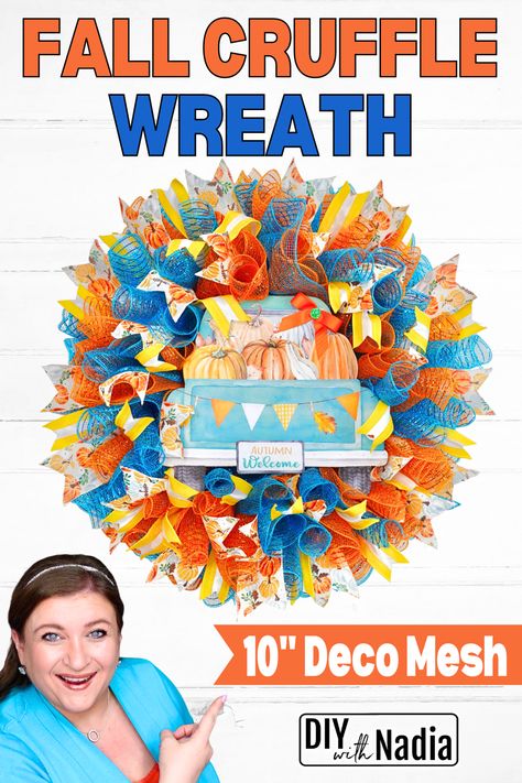 How to make FALL Deco Mesh CRUFFLE Woodland Ruffle WREATH Tutorial Cruffle Method Wreath, Fall Deco Mesh Wreath Ideas, Ruffle Wreath Tutorial, Curly Mesh Wreath, Ruffle Wreath, Diy Deco Mesh Wreath, Woodland Wreath, Fall Deco Mesh Wreath, Christmas Wreath Craft